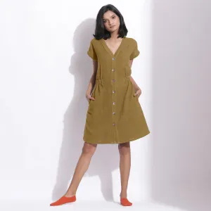 Olive Green Warm Cotton Waffle Knee Length Button-Down Dress