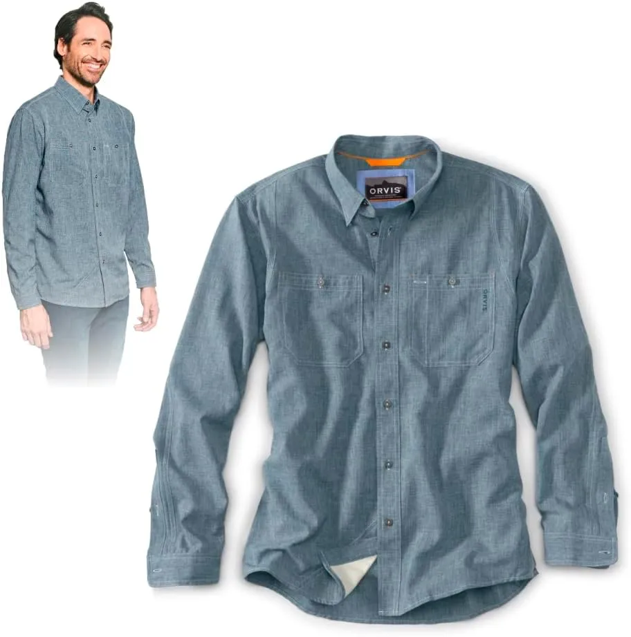 Orvis Tech Chambray Long Sleeve Men's Work Shirts - Lightweight Quick-Drying UPF 40 Chambray Fabric Casual Men's Shirts