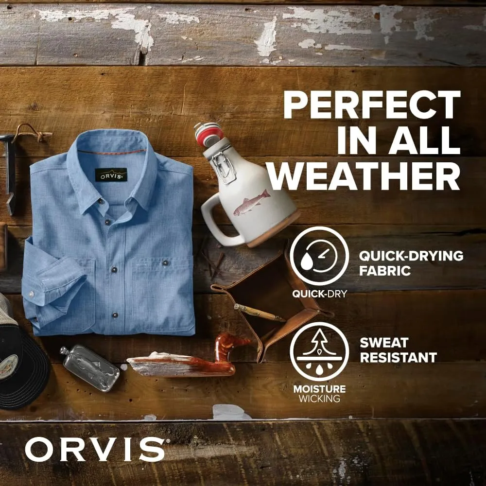 Orvis Tech Chambray Long Sleeve Men's Work Shirts - Lightweight Quick-Drying UPF 40 Chambray Fabric Casual Men's Shirts