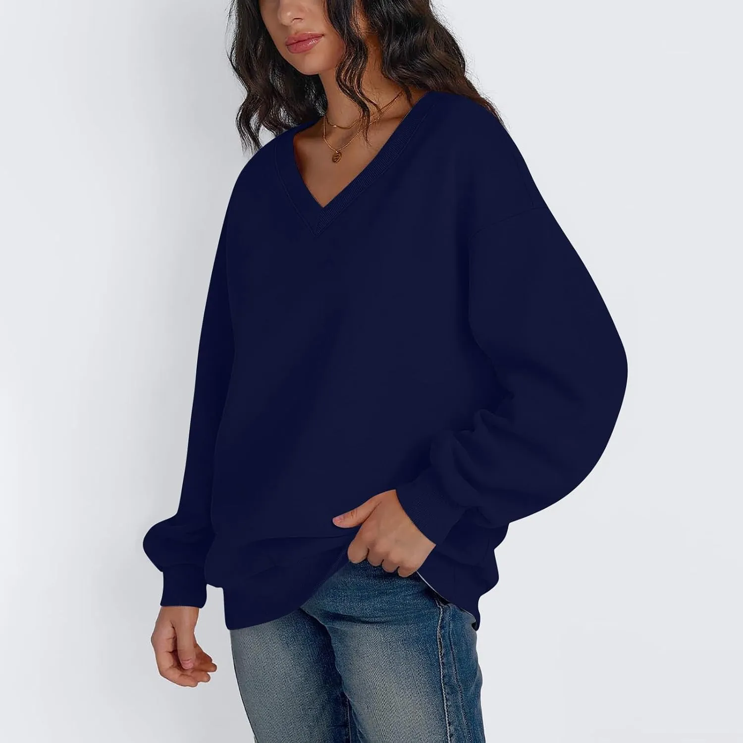 Oversized V Neck Sweatshirt Women Cozy Long Sleeve Fleece Hoodies Pullover Casual Sweat Shirts Cute Winter Outfits