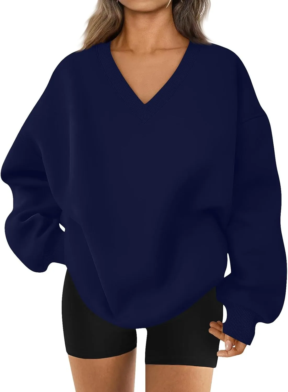 Oversized V Neck Sweatshirt Women Cozy Long Sleeve Fleece Hoodies Pullover Casual Sweat Shirts Cute Winter Outfits