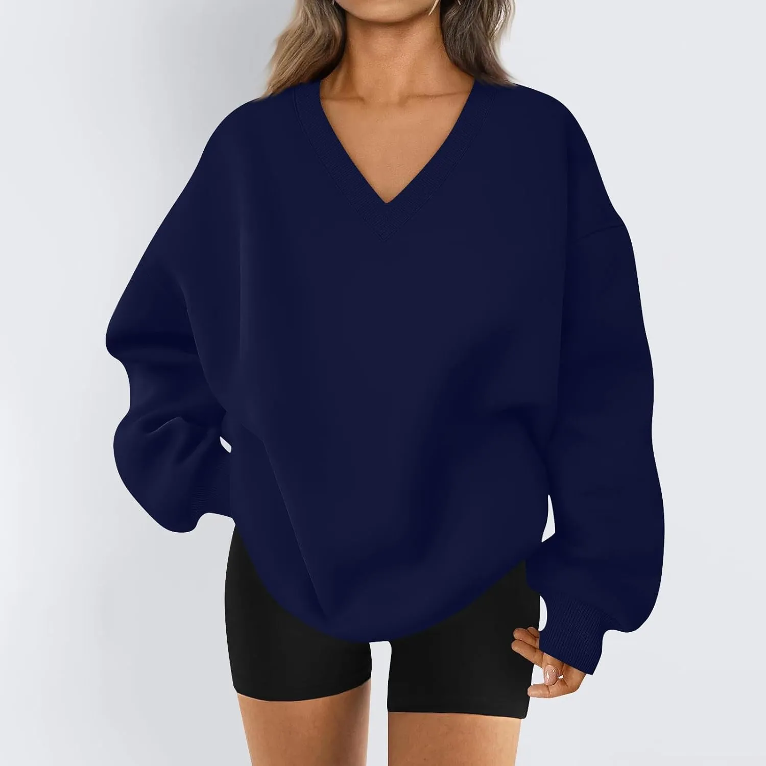 Oversized V Neck Sweatshirt Women Cozy Long Sleeve Fleece Hoodies Pullover Casual Sweat Shirts Cute Winter Outfits