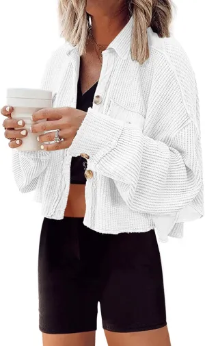Panadila Women's Cropped Waffle Knit Shacket Short Button Down Jacket Batwing Sleeve Shirts with Pocket