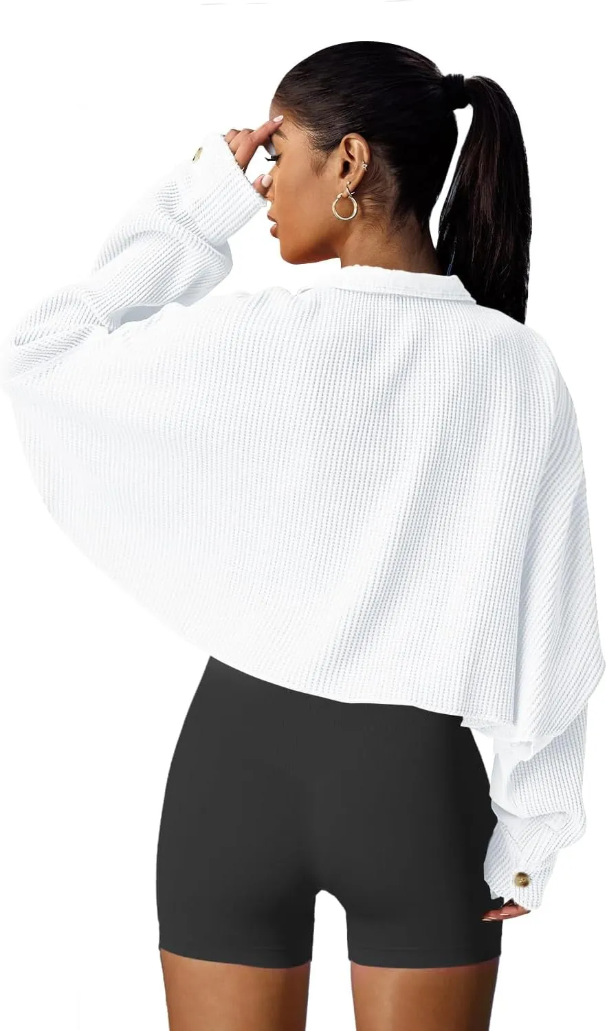Panadila Women's Cropped Waffle Knit Shacket Short Button Down Jacket Batwing Sleeve Shirts with Pocket
