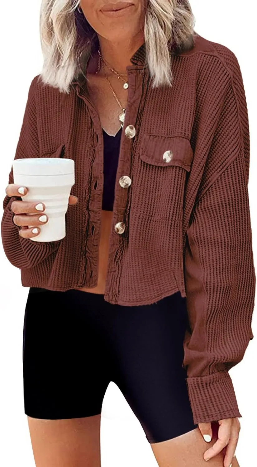 Panadila Women's Cropped Waffle Knit Shacket Short Button Down Jacket Batwing Sleeve Shirts with Pocket