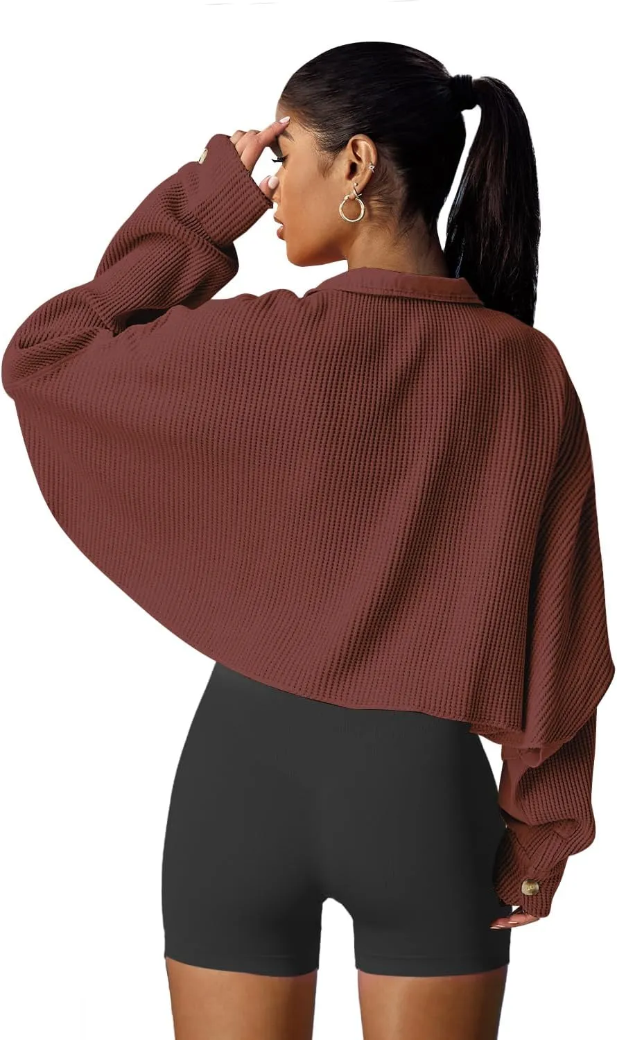 Panadila Women's Cropped Waffle Knit Shacket Short Button Down Jacket Batwing Sleeve Shirts with Pocket