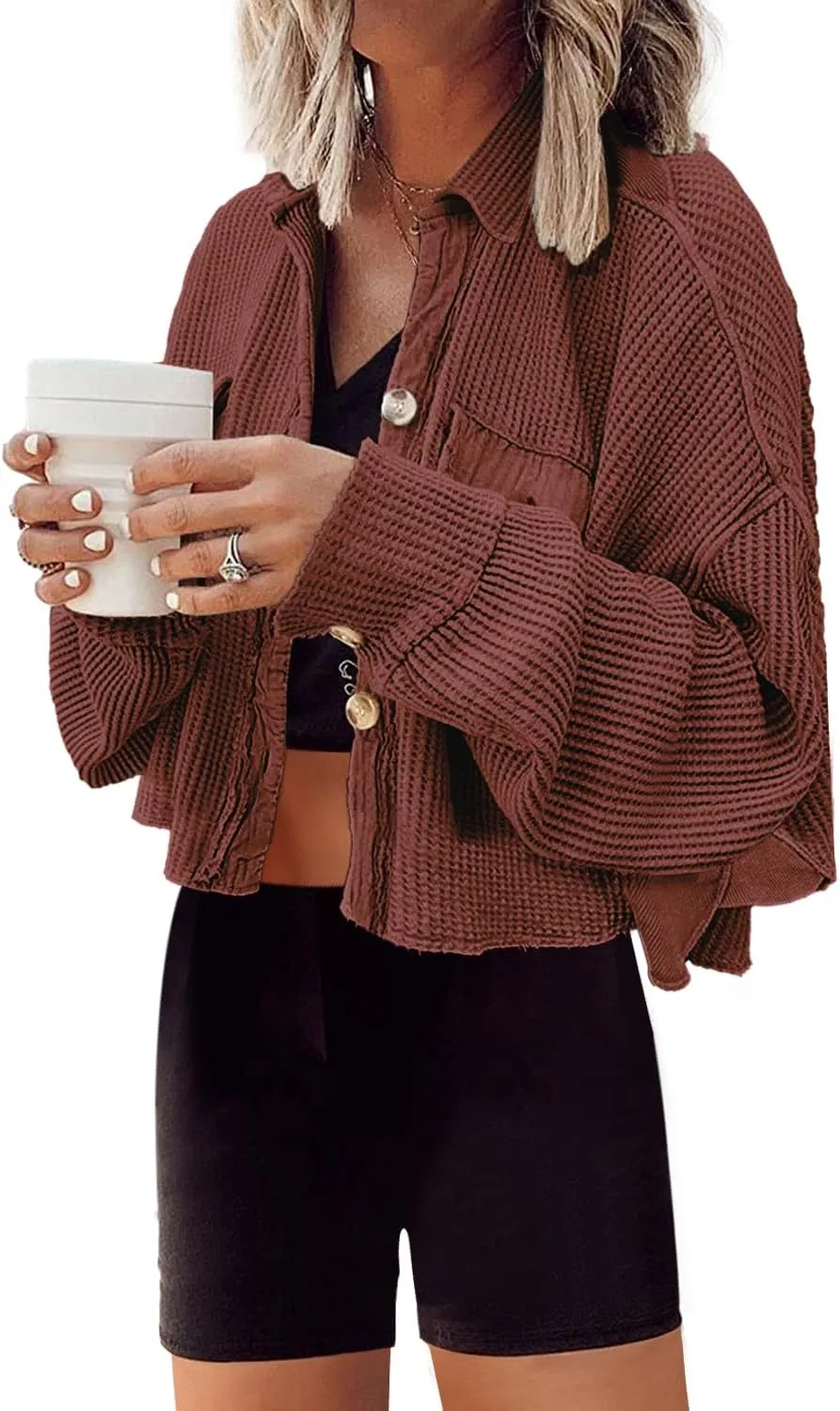 Panadila Women's Cropped Waffle Knit Shacket Short Button Down Jacket Batwing Sleeve Shirts with Pocket