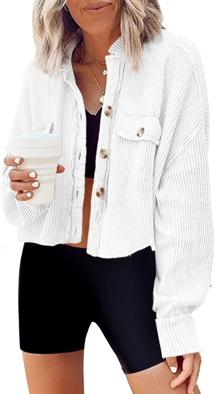 Panadila Women's Cropped Waffle Knit Shacket Short Button Down Jacket Batwing Sleeve Shirts with Pocket