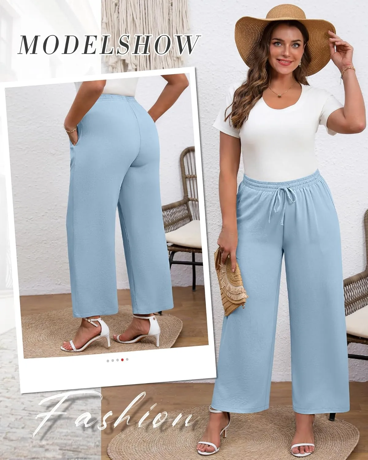 Plus Size Cotton Linen Casual Pants for Women, Summer Lounge Wide Leg Palazzo High Waist Drawstring Pockets Trouser