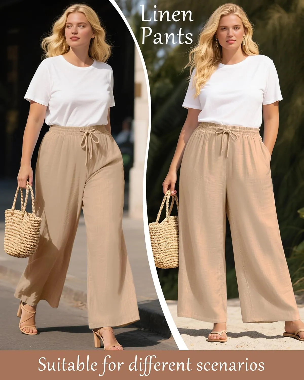 Plus Size Cotton Linen Casual Pants for Women, Summer Lounge Wide Leg Palazzo High Waist Drawstring Pockets Trouser