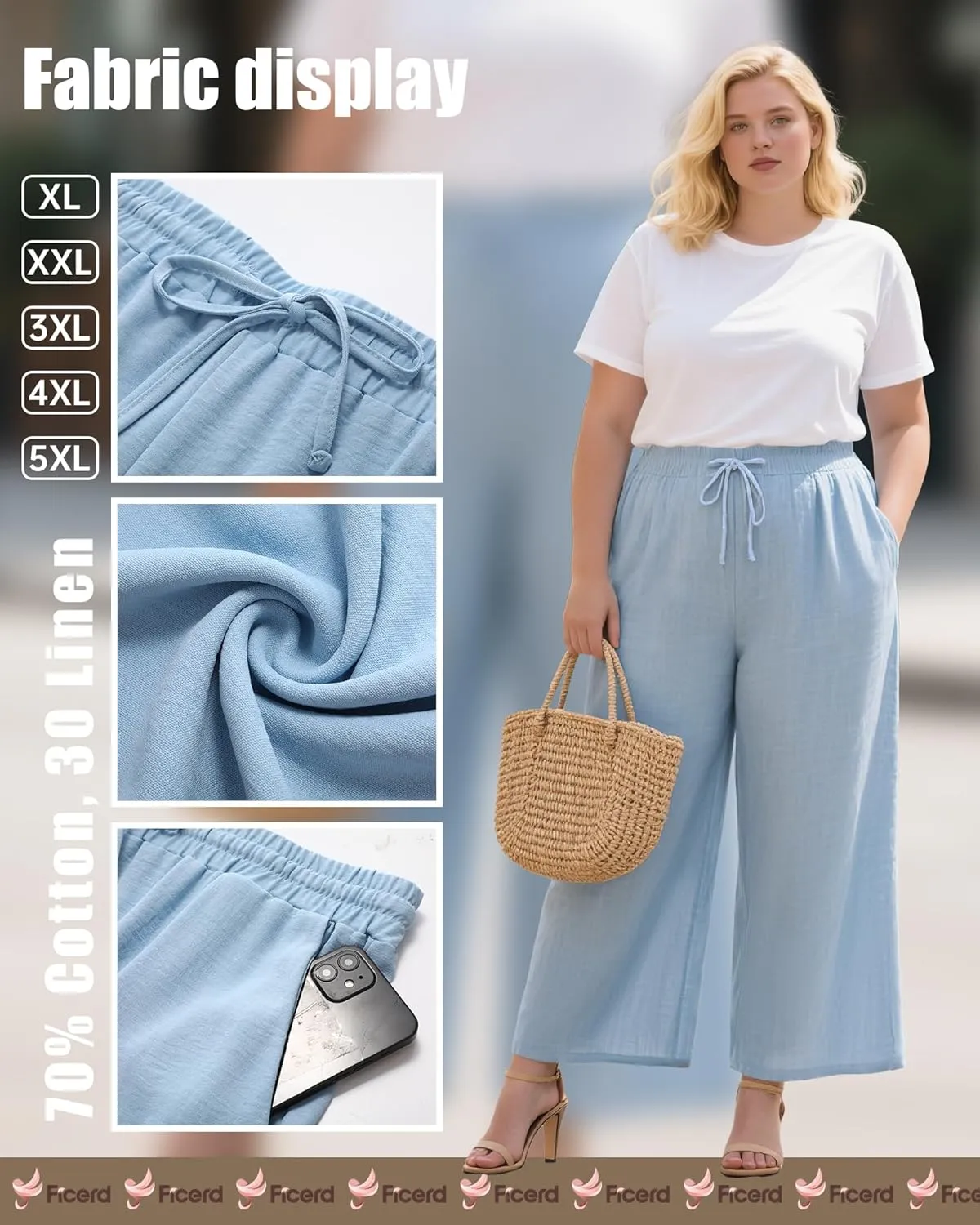 Plus Size Cotton Linen Casual Pants for Women, Summer Lounge Wide Leg Palazzo High Waist Drawstring Pockets Trouser