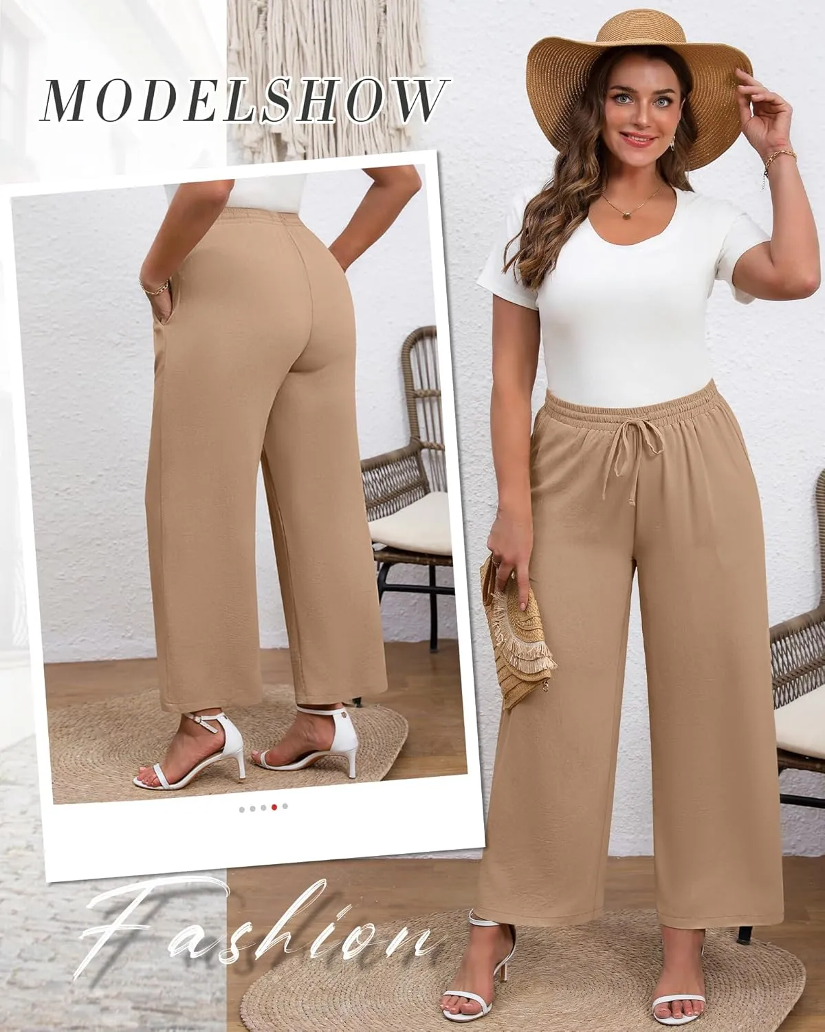 Plus Size Cotton Linen Casual Pants for Women, Summer Lounge Wide Leg Palazzo High Waist Drawstring Pockets Trouser