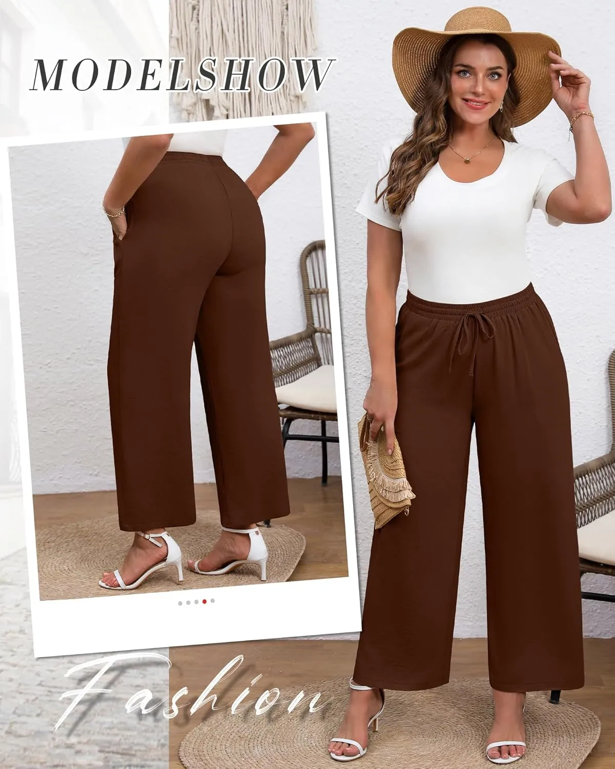 Plus Size Cotton Linen Casual Pants for Women, Summer Lounge Wide Leg Palazzo High Waist Drawstring Pockets Trouser