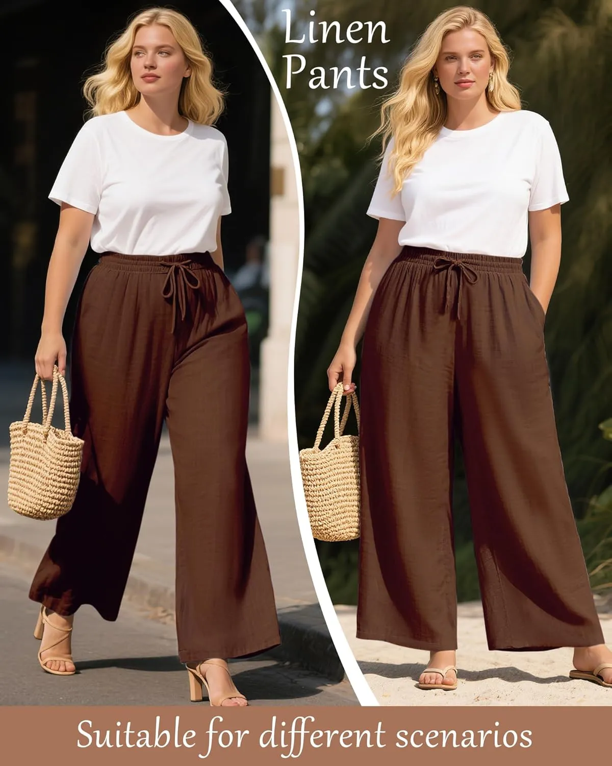 Plus Size Cotton Linen Casual Pants for Women, Summer Lounge Wide Leg Palazzo High Waist Drawstring Pockets Trouser