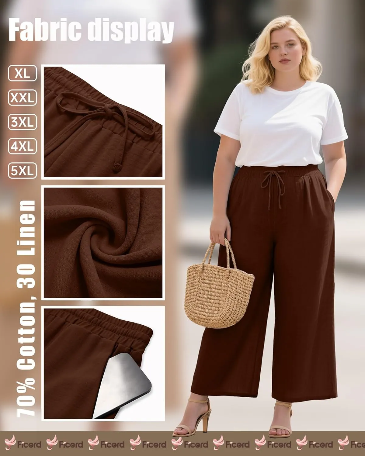 Plus Size Cotton Linen Casual Pants for Women, Summer Lounge Wide Leg Palazzo High Waist Drawstring Pockets Trouser