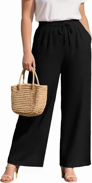 Plus Size Cotton Linen Casual Pants for Women, Summer Lounge Wide Leg Palazzo High Waist Drawstring Pockets Trouser