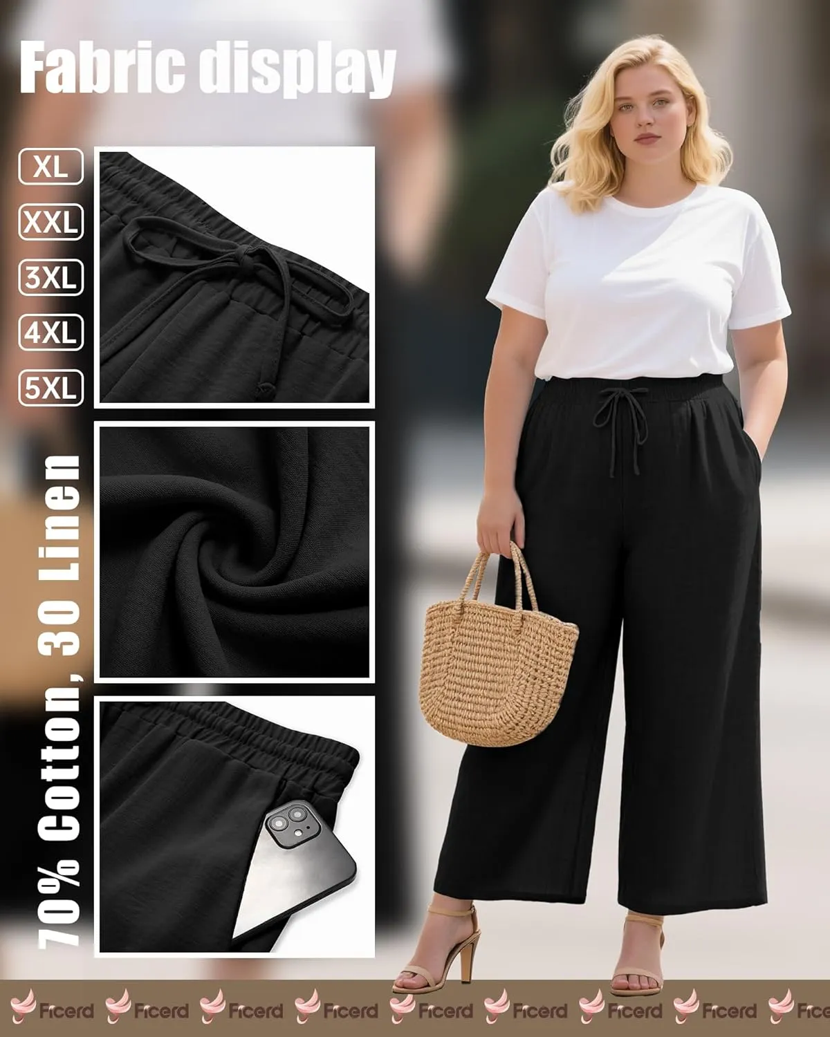 Plus Size Cotton Linen Casual Pants for Women, Summer Lounge Wide Leg Palazzo High Waist Drawstring Pockets Trouser