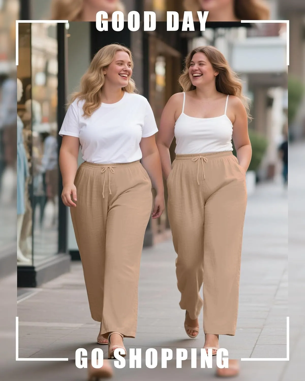 Plus Size Cotton Linen Casual Pants for Women, Summer Lounge Wide Leg Palazzo High Waist Drawstring Pockets Trouser