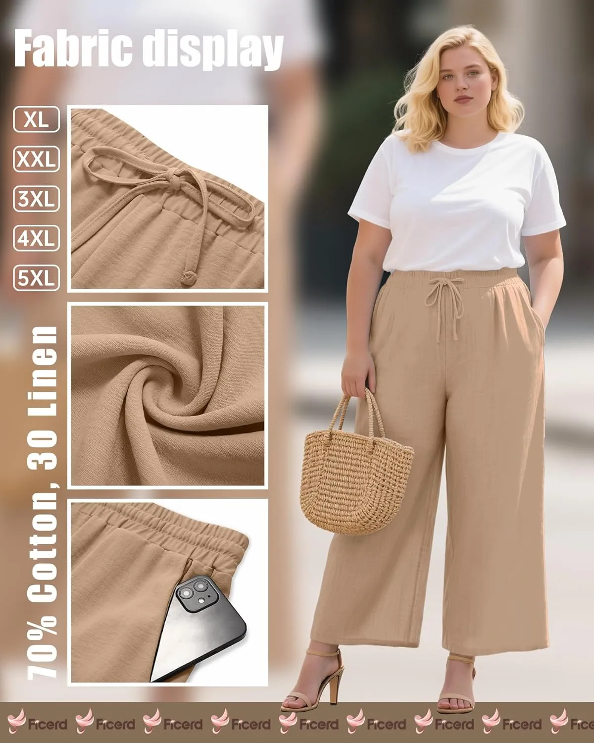 Plus Size Cotton Linen Casual Pants for Women, Summer Lounge Wide Leg Palazzo High Waist Drawstring Pockets Trouser