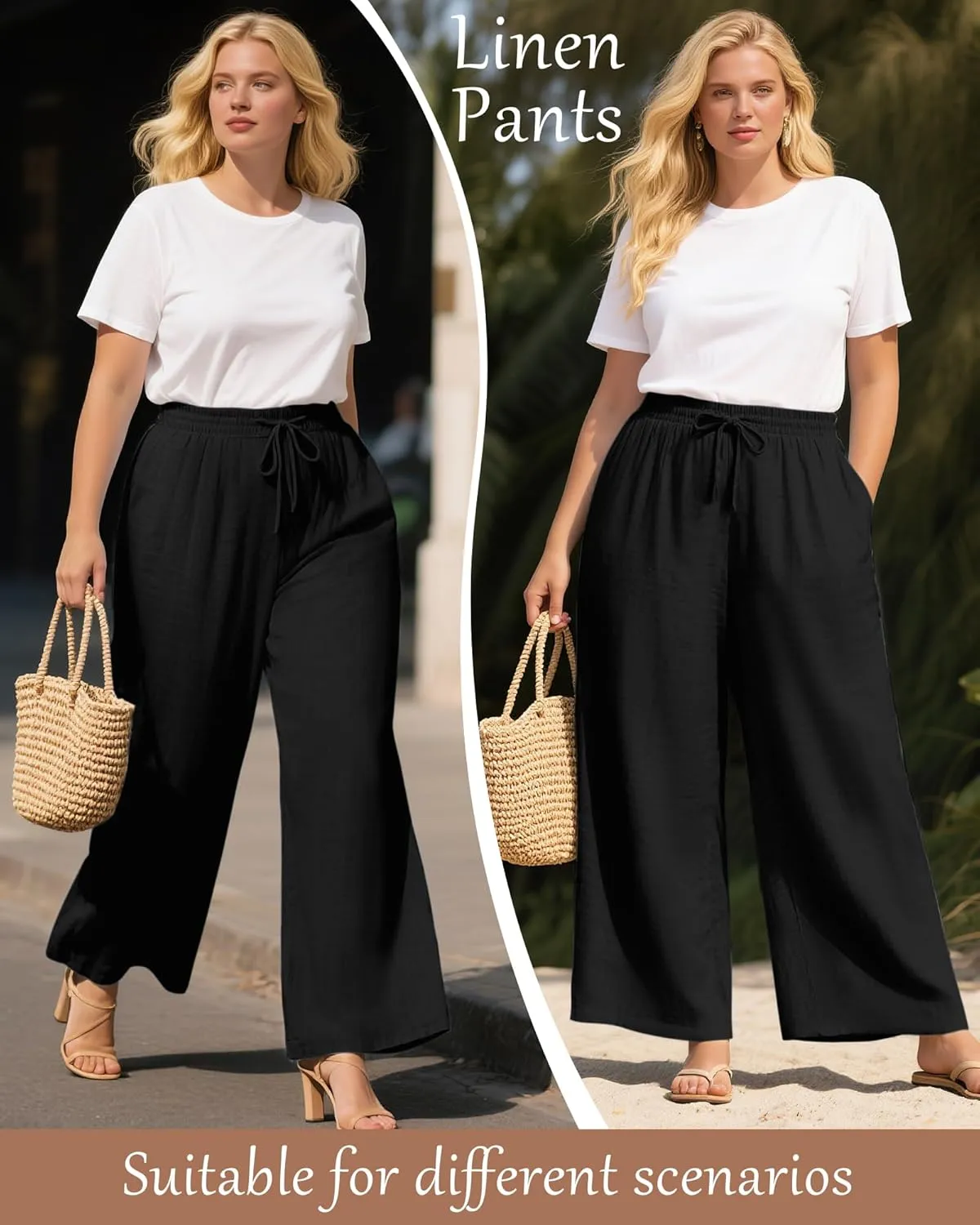 Plus Size Cotton Linen Casual Pants for Women, Summer Lounge Wide Leg Palazzo High Waist Drawstring Pockets Trouser