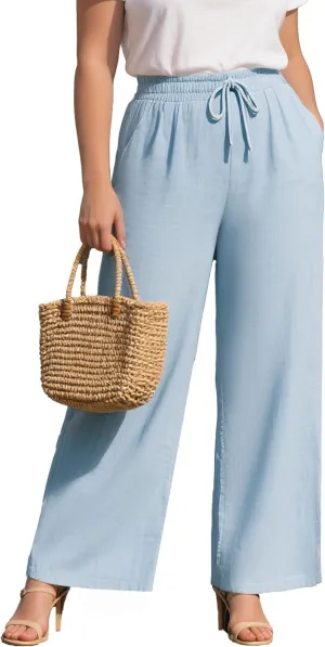 Plus Size Cotton Linen Casual Pants for Women, Summer Lounge Wide Leg Palazzo High Waist Drawstring Pockets Trouser