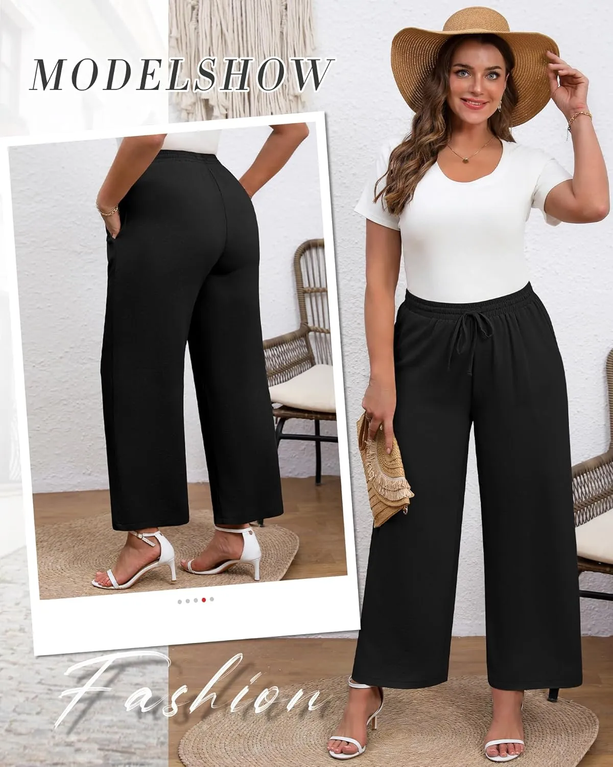 Plus Size Cotton Linen Casual Pants for Women, Summer Lounge Wide Leg Palazzo High Waist Drawstring Pockets Trouser