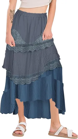 Plus Size Maxi Skirts for Women Summer Lace Tiered Mesh Layered Pleated Elastic High Waist Swing A-line Long Skirt