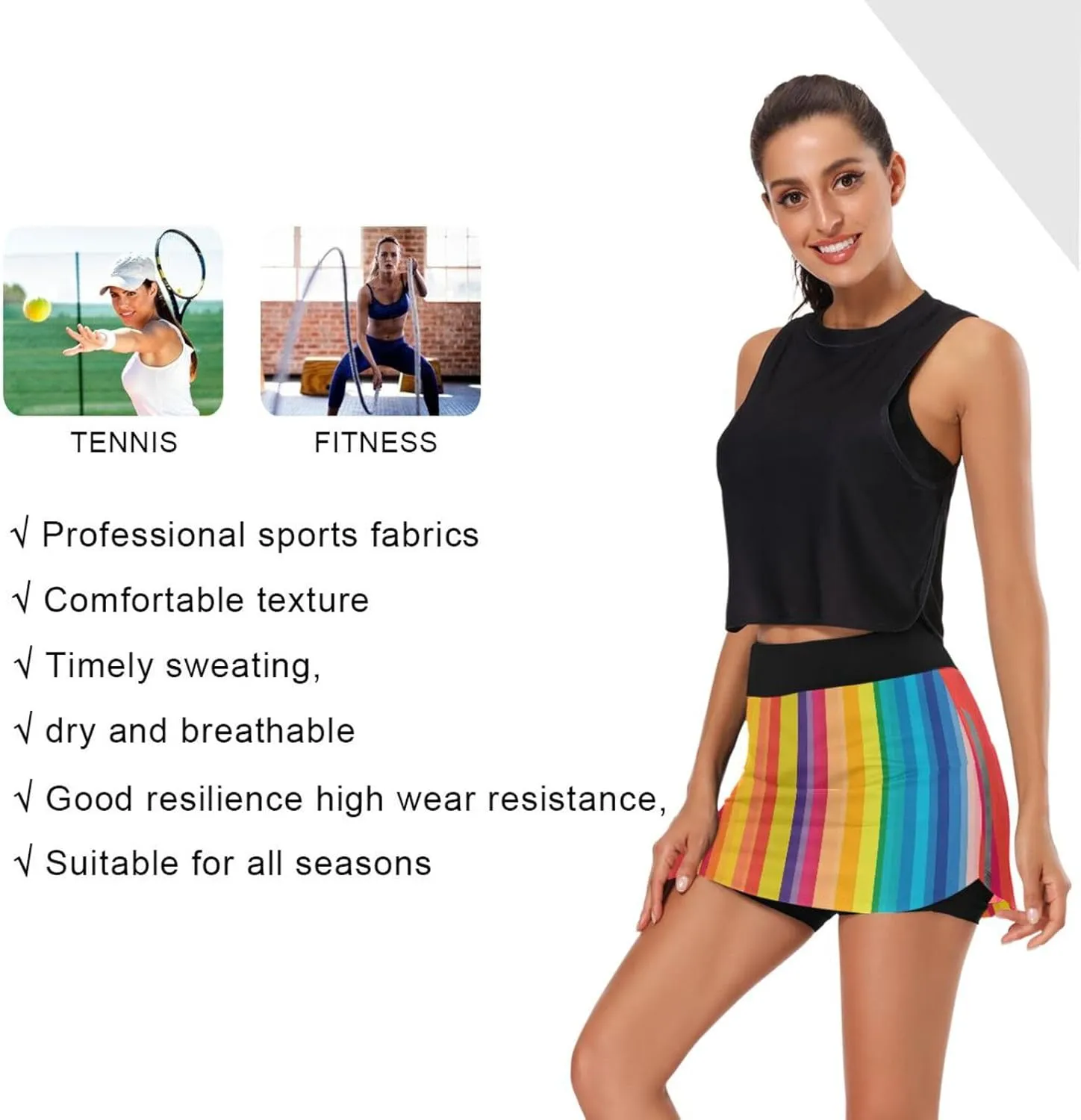 Rainbow Stripes Colorful Tennis Skorts Skirts for Women Workout Athletic Skirt High Waisted with Pocket