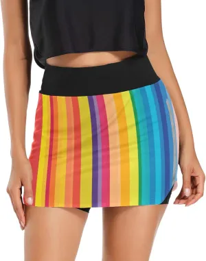 Rainbow Stripes Colorful Tennis Skorts Skirts for Women Workout Athletic Skirt High Waisted with Pocket
