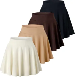 Real Essentials 4 Pack: Women's Basic Casual Stretchy Mini Skirt - Skater A-Line Flowy Flared (Available in Plus Size)