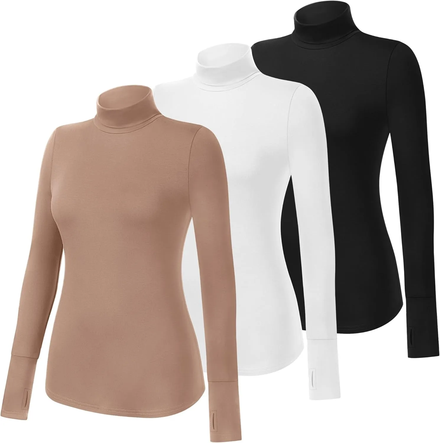 Riyiper 3 Pack Women's Turtleneck Shirts, Long Sleeve Slim Undershirts Lightweight Thumb Holes T Shirts Basic Active Tops