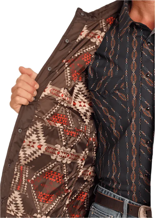 Rock & Roll Men's Dark Brown Poly Puffer with Aztec Lining Coat