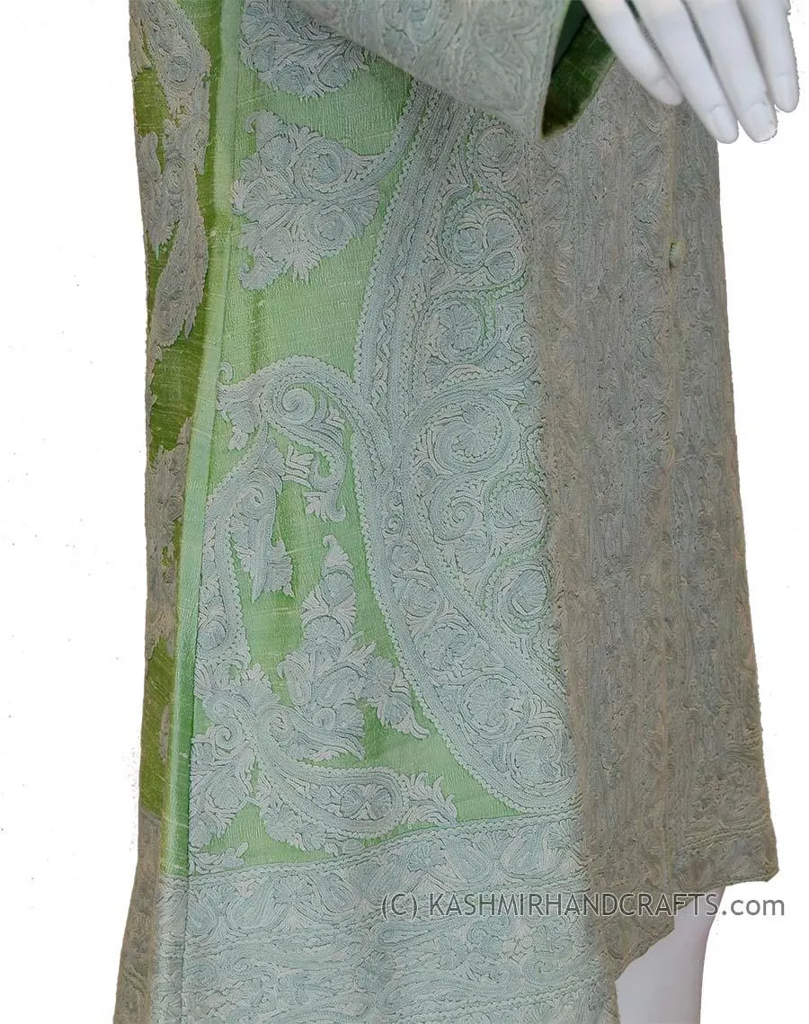 Sage Green Silk Jacket Dinner Paisley Evening Dress Coat Hand Embroidered Kashmir