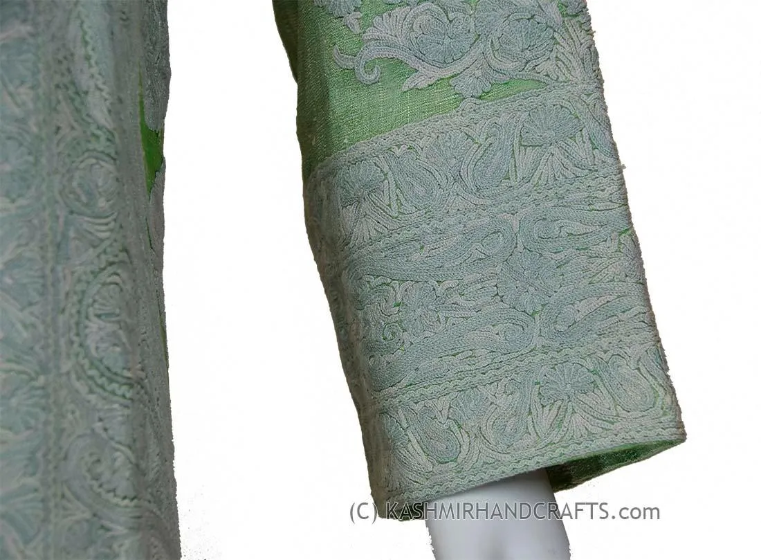 Sage Green Silk Jacket Dinner Paisley Evening Dress Coat Hand Embroidered Kashmir