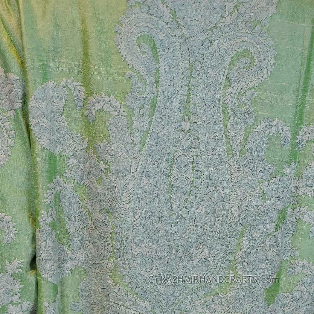 Sage Green Silk Jacket Dinner Paisley Evening Dress Coat Hand Embroidered Kashmir