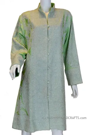 Sage Green Silk Jacket Dinner Paisley Evening Dress Coat Hand Embroidered Kashmir
