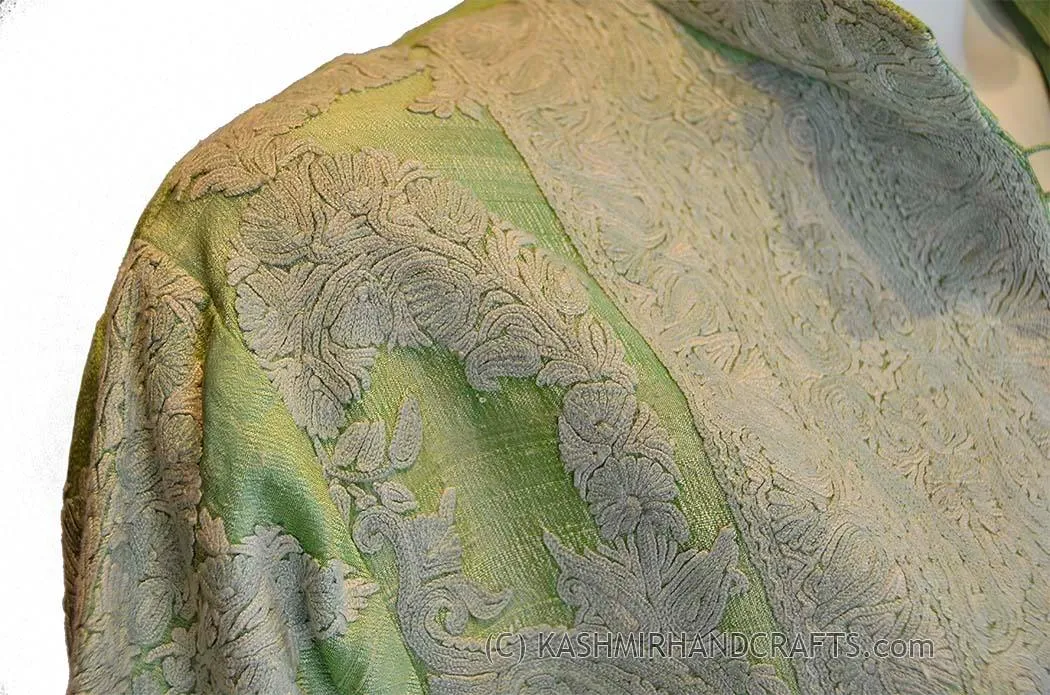Sage Green Silk Jacket Dinner Paisley Evening Dress Coat Hand Embroidered Kashmir