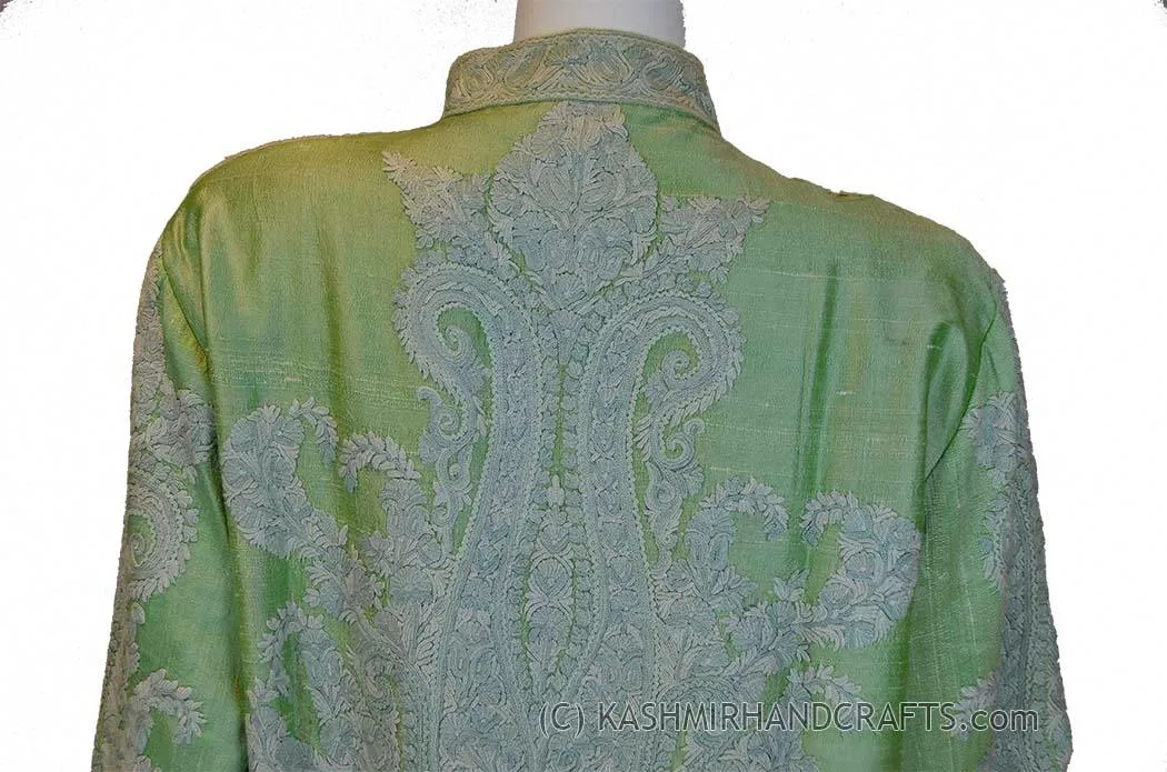 Sage Green Silk Jacket Dinner Paisley Evening Dress Coat Hand Embroidered Kashmir