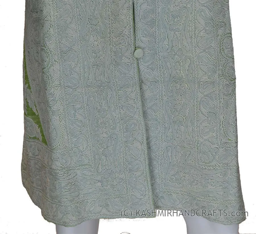Sage Green Silk Jacket Dinner Paisley Evening Dress Coat Hand Embroidered Kashmir