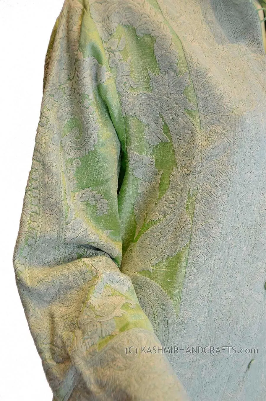 Sage Green Silk Jacket Dinner Paisley Evening Dress Coat Hand Embroidered Kashmir