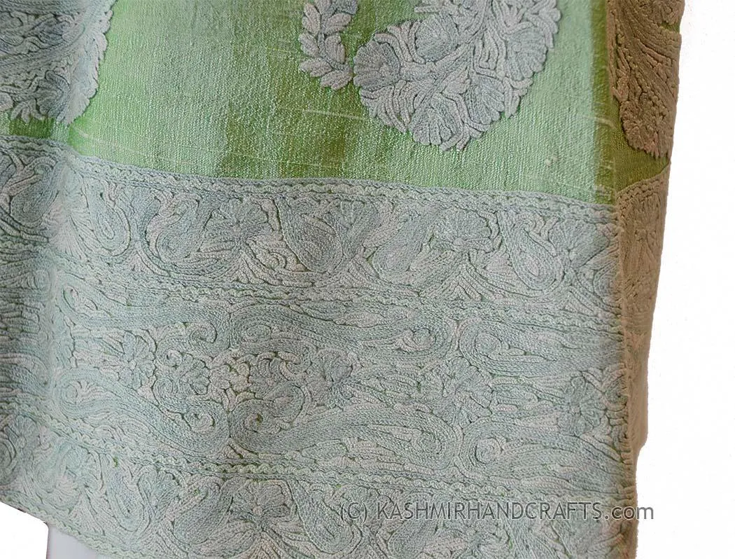 Sage Green Silk Jacket Dinner Paisley Evening Dress Coat Hand Embroidered Kashmir