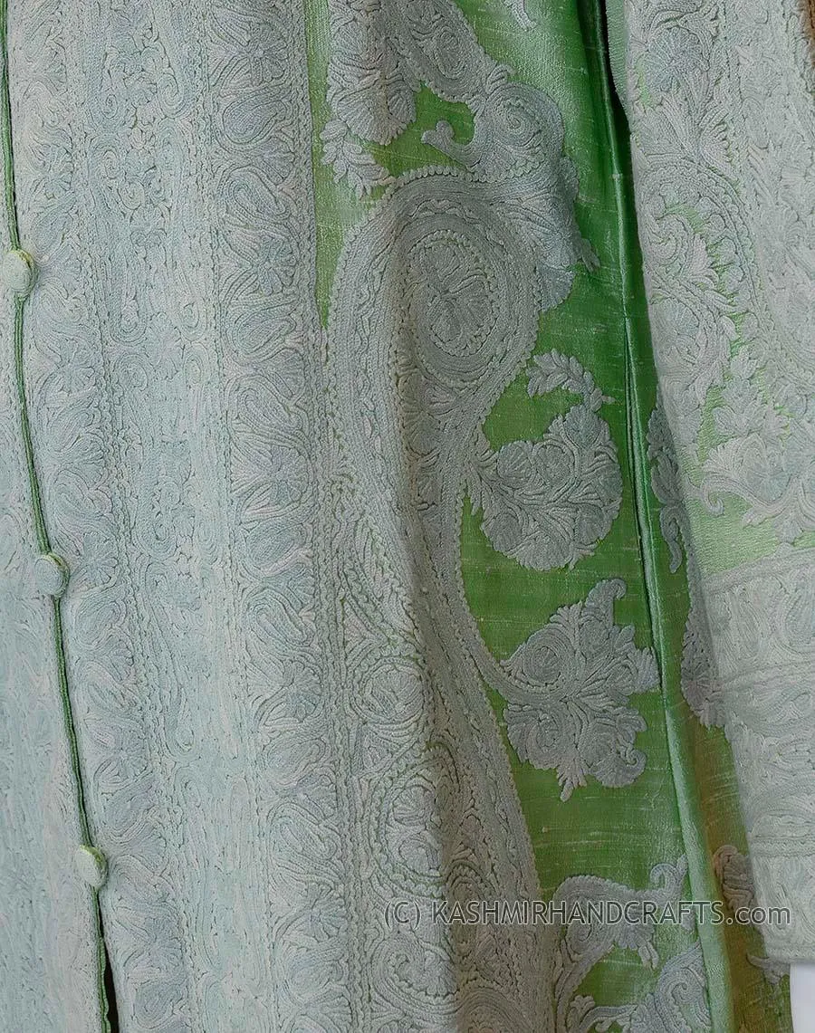 Sage Green Silk Jacket Dinner Paisley Evening Dress Coat Hand Embroidered Kashmir