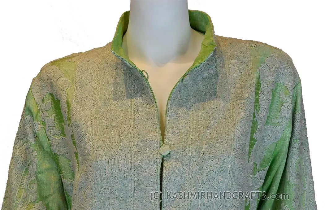 Sage Green Silk Jacket Dinner Paisley Evening Dress Coat Hand Embroidered Kashmir