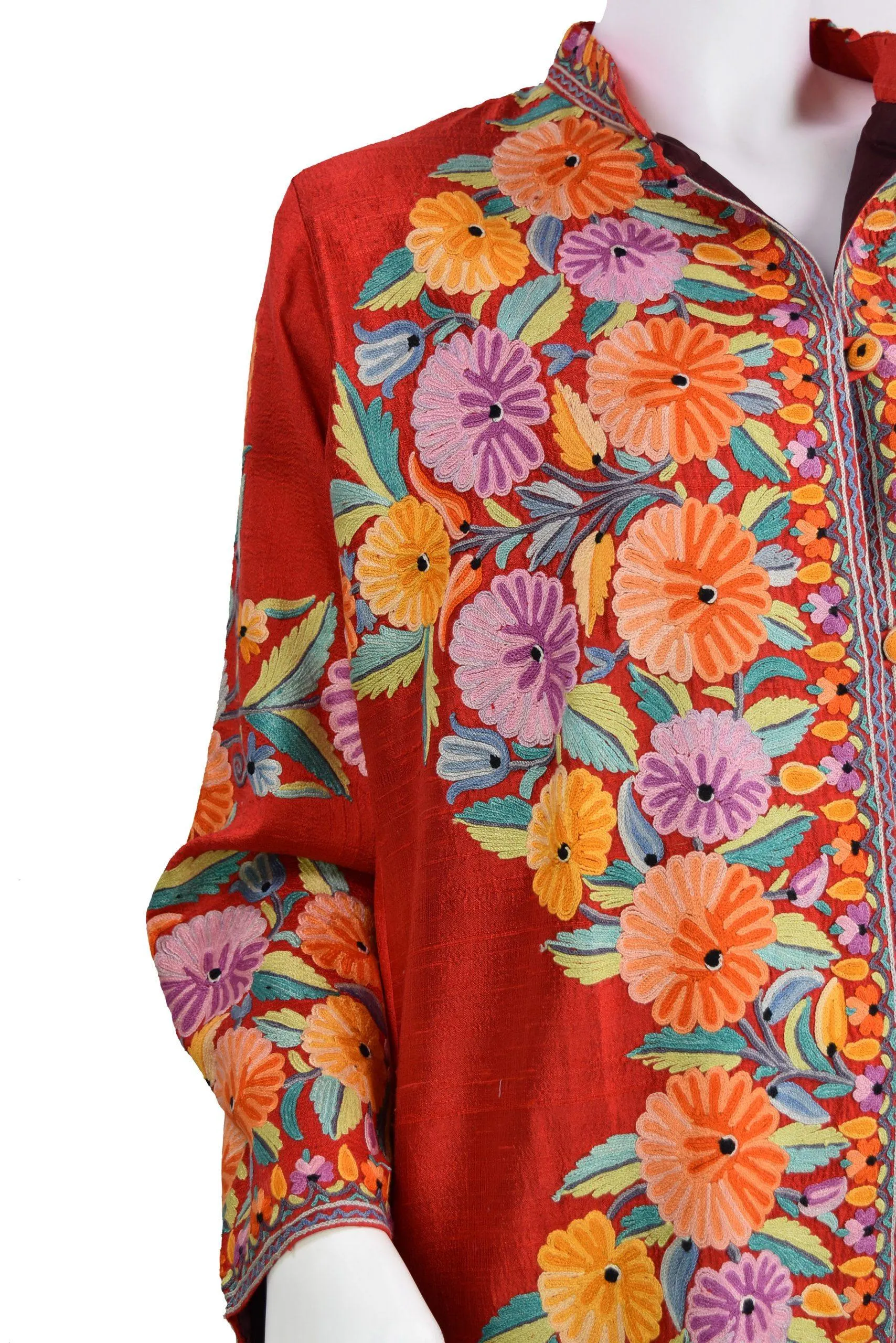 Scarlet Red Floral Silk Jacket Dinner Black Evening Dress Coat Hand Embroidered Kashmir