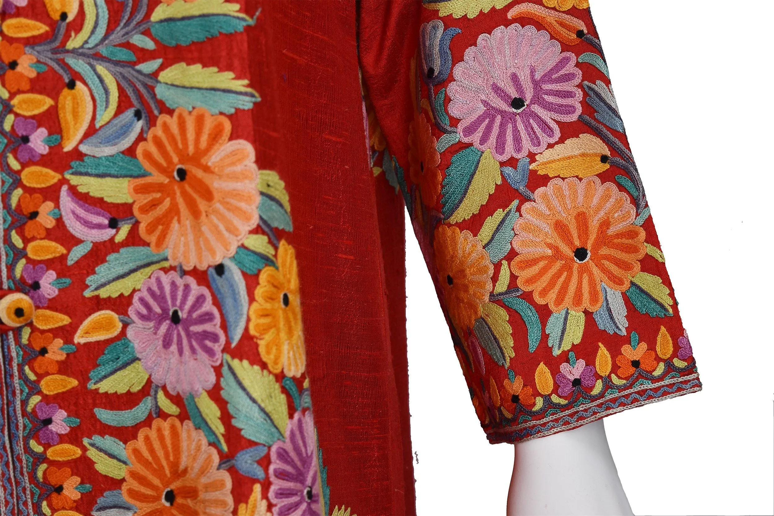 Scarlet Red Floral Silk Jacket Dinner Black Evening Dress Coat Hand Embroidered Kashmir