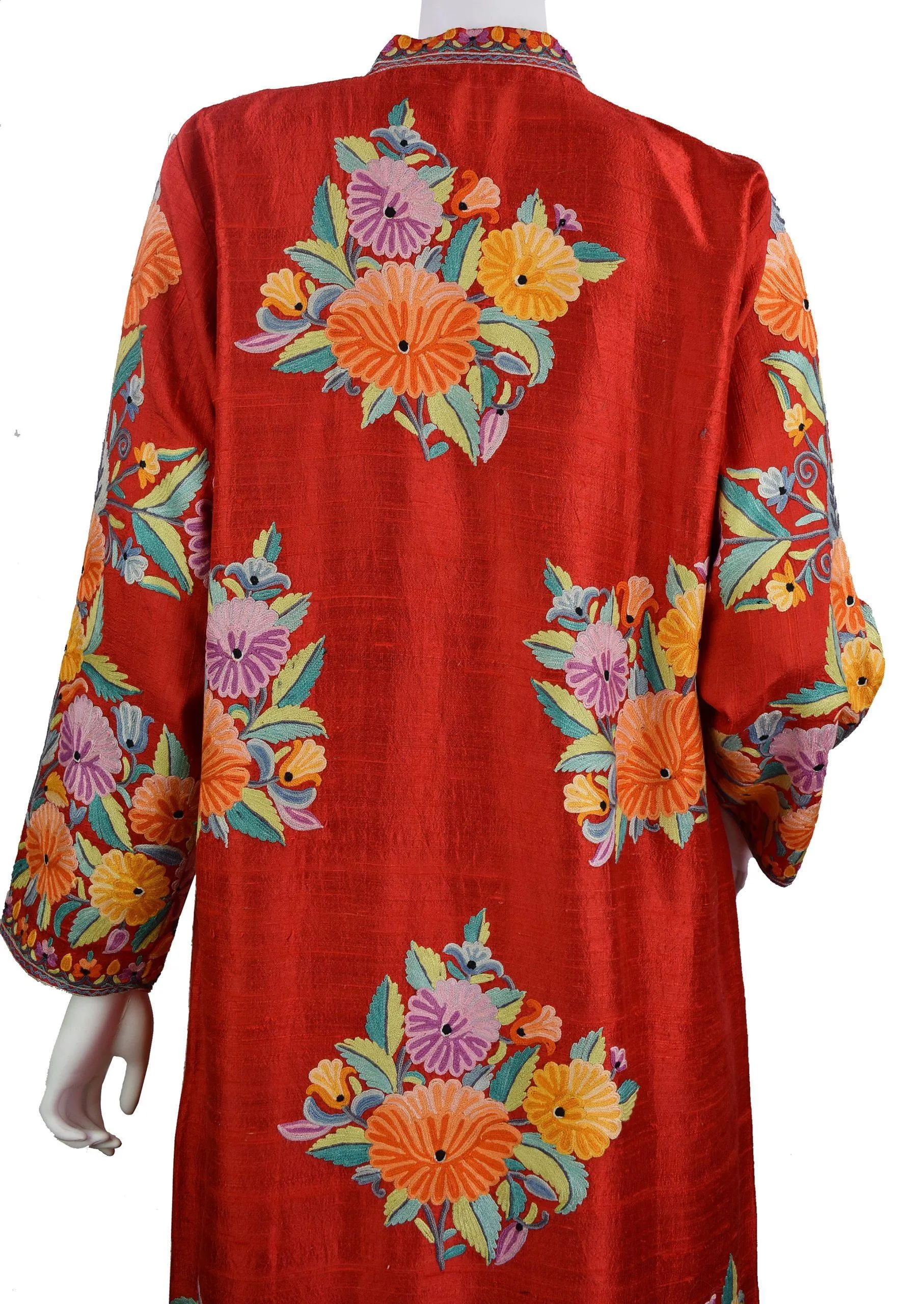 Scarlet Red Floral Silk Jacket Dinner Black Evening Dress Coat Hand Embroidered Kashmir