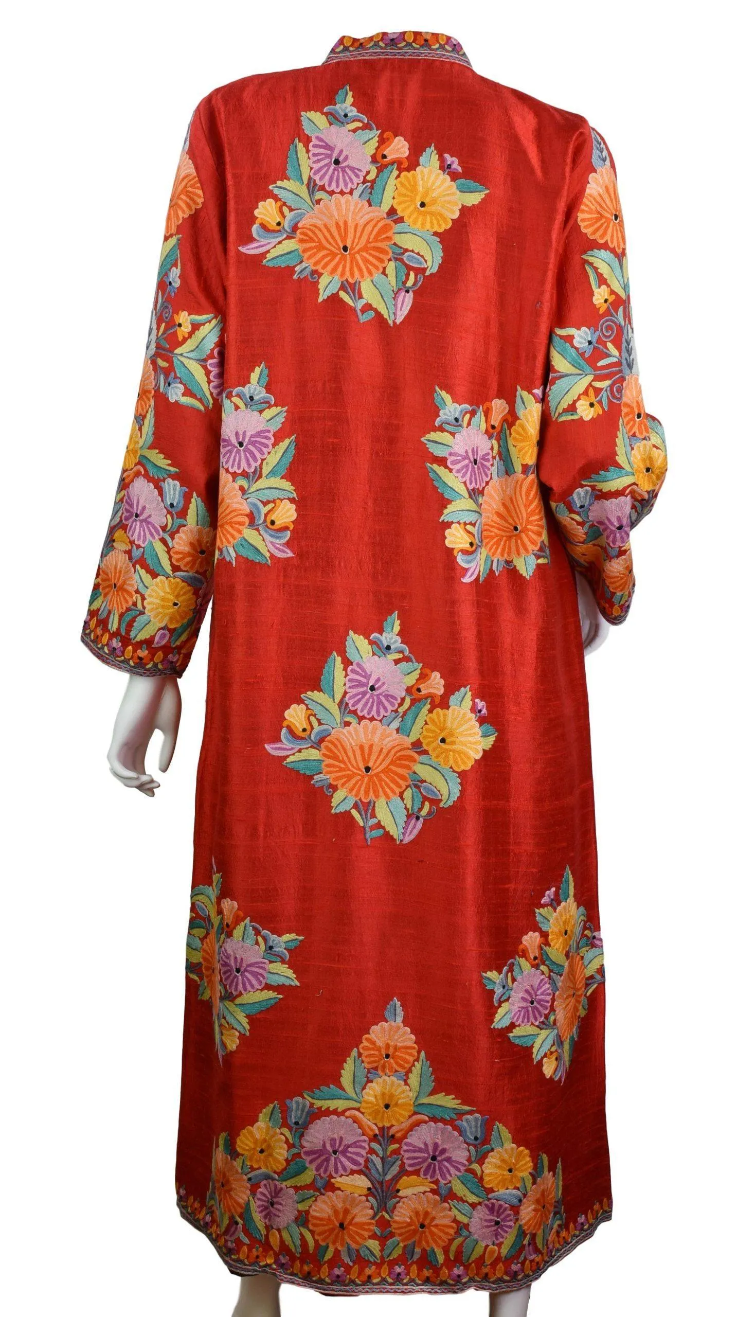 Scarlet Red Floral Silk Jacket Dinner Black Evening Dress Coat Hand Embroidered Kashmir