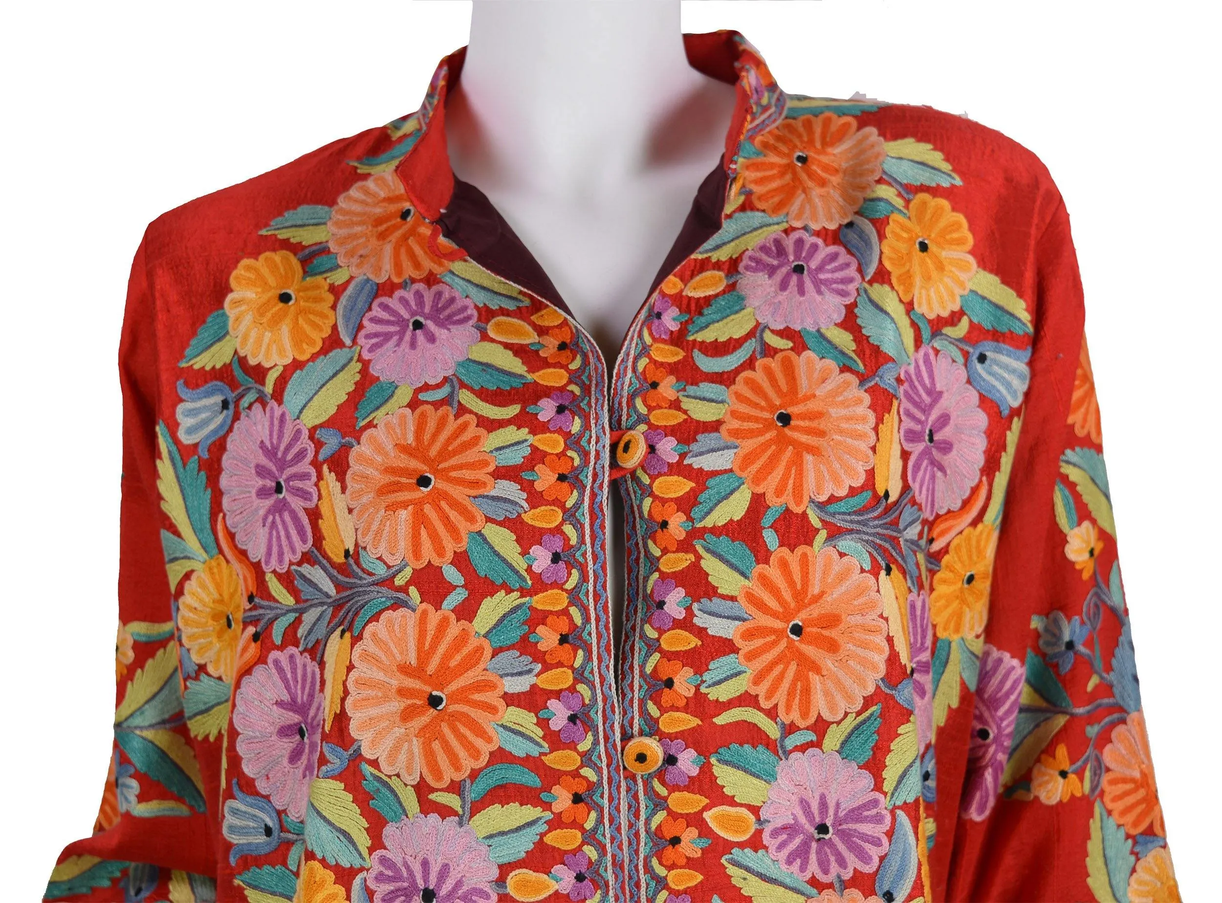 Scarlet Red Floral Silk Jacket Dinner Black Evening Dress Coat Hand Embroidered Kashmir