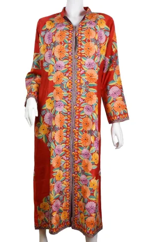 Scarlet Red Floral Silk Jacket Dinner Black Evening Dress Coat Hand Embroidered Kashmir