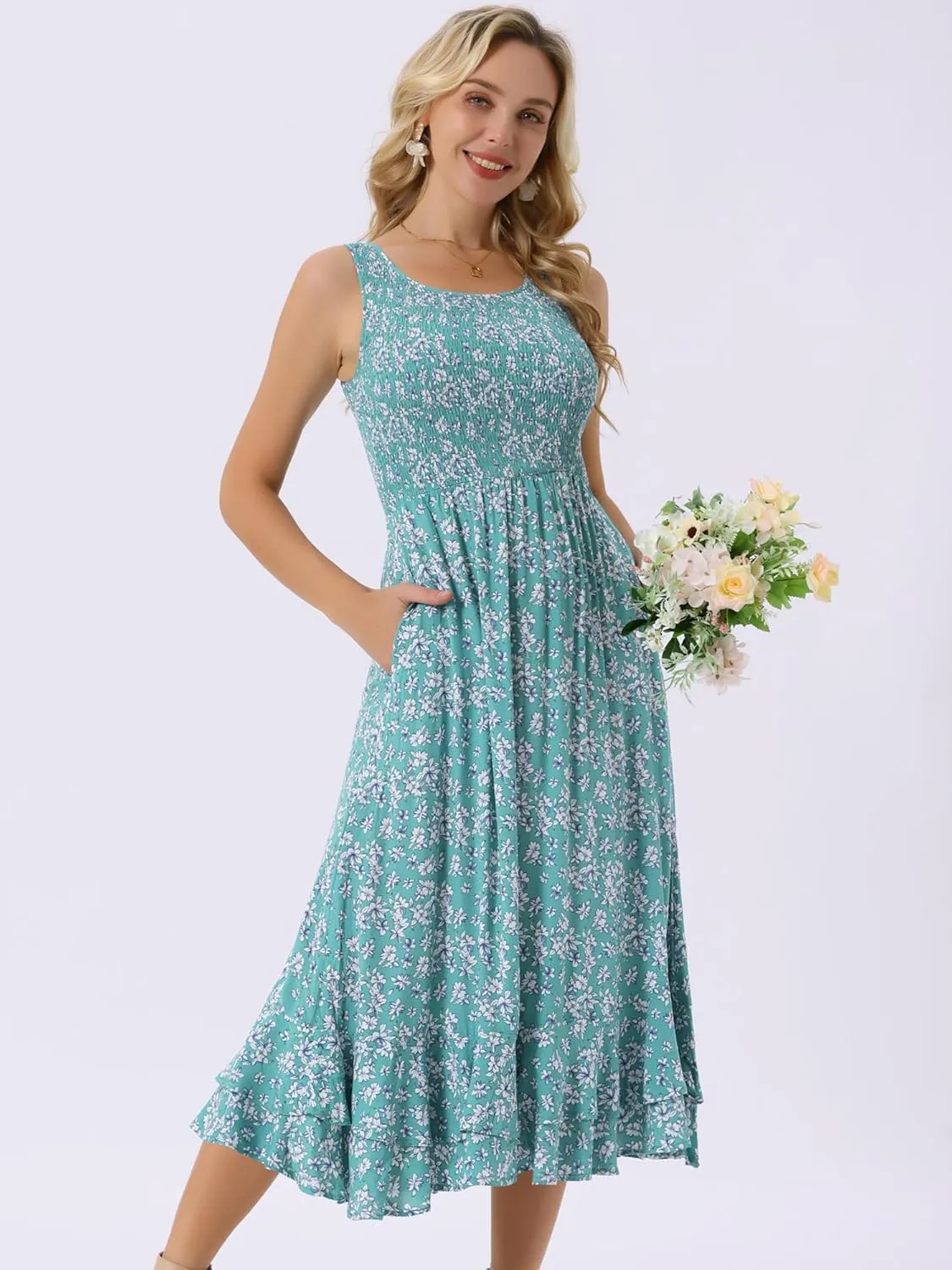 Seta T Women's Summer Floral Boho Dresses Scoop Neck Sleeveless Ruffle Hem A Line Beach Sundress with Pockets